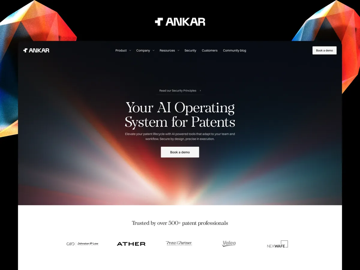 Ankar homepage, headed 'Your AI Operating System for Patents'