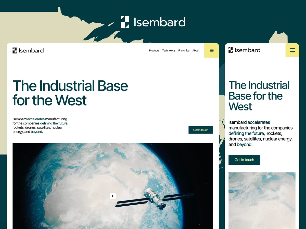 Isembard homepage, headed 'The Industrial Base for the West', on desktop and mobile