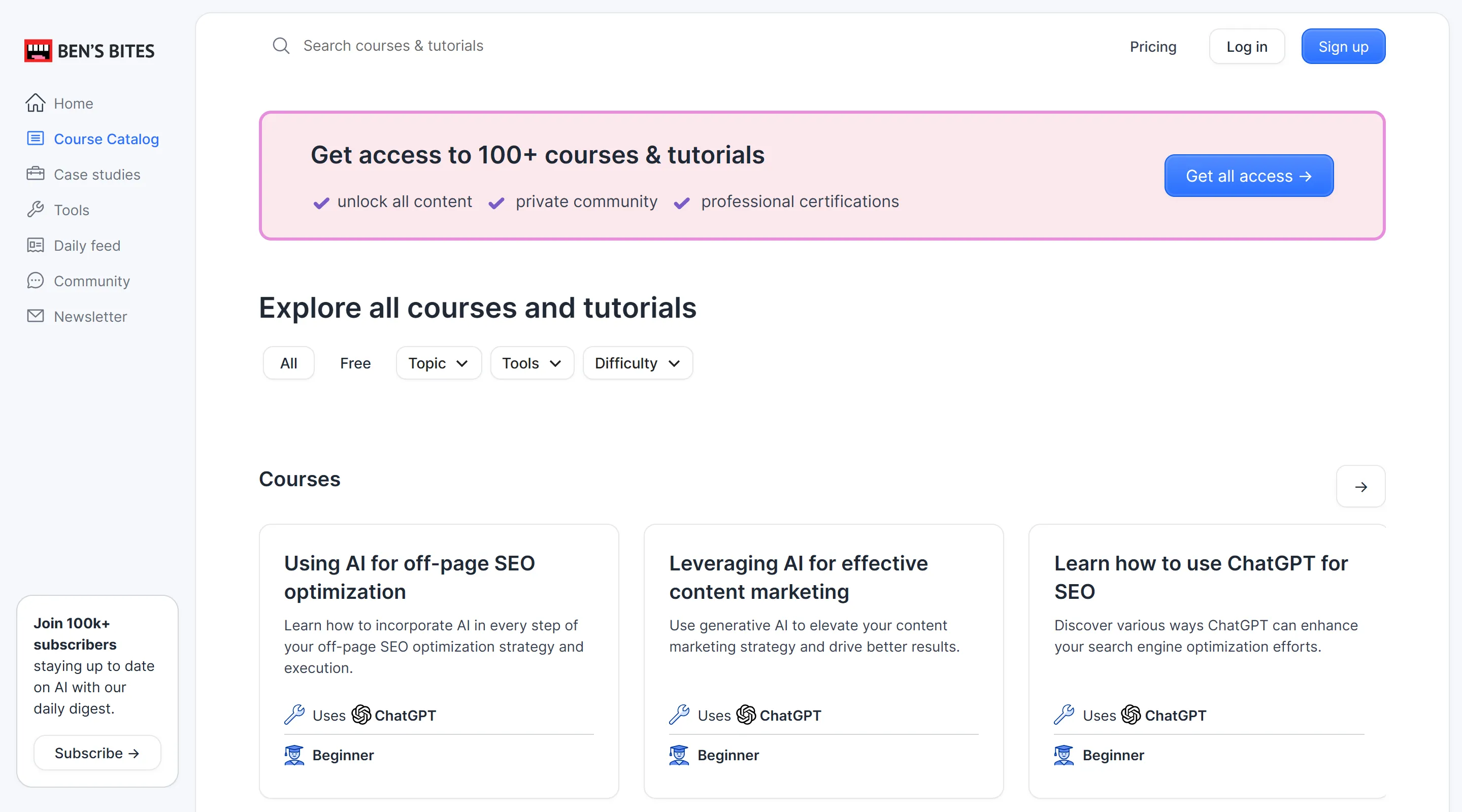 Course catalog for 100+ courses and tutorials, filtered by topic, tool and difficulty