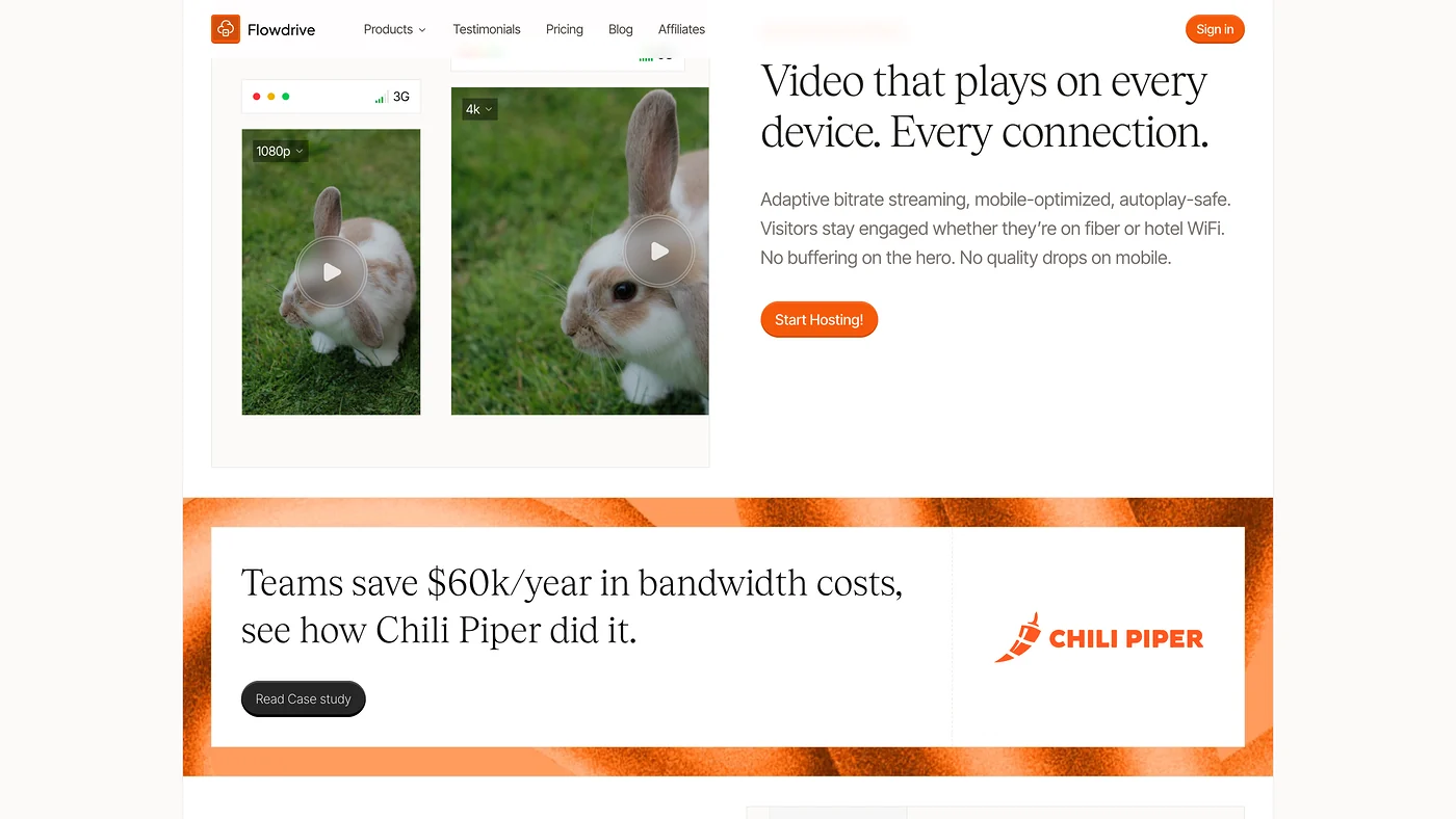 Adaptive bitrate playback compared side by side, above a customer story about bandwidth savings