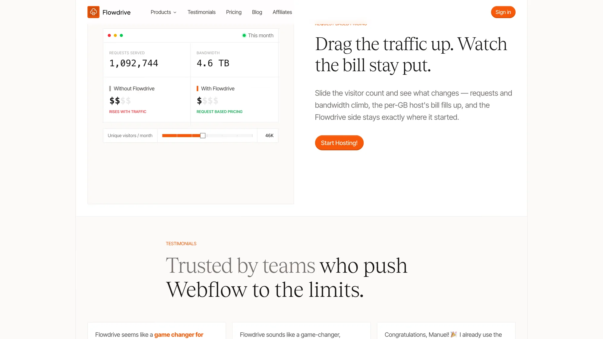Interactive comparison where dragging a visitor count raises requests and bandwidth while the Flowdrive bill stays flat