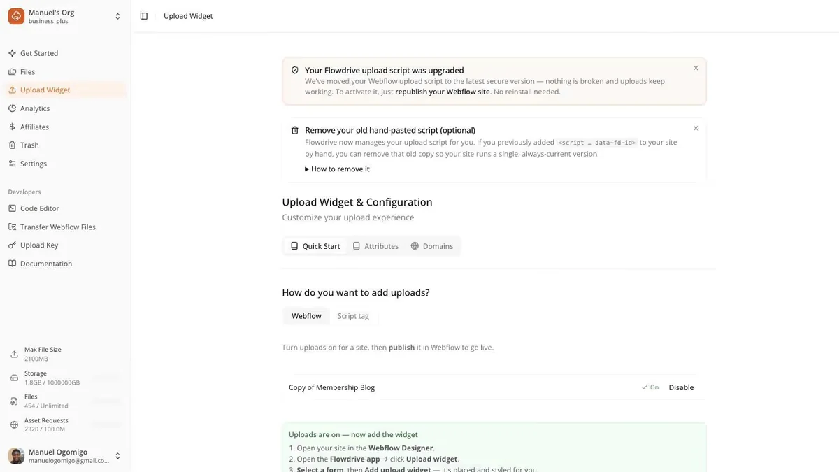 Upload widget configuration screen with Webflow and script-tag paths, quick start, attributes and domains tabs, and a notice about migrating off a hand-pasted script