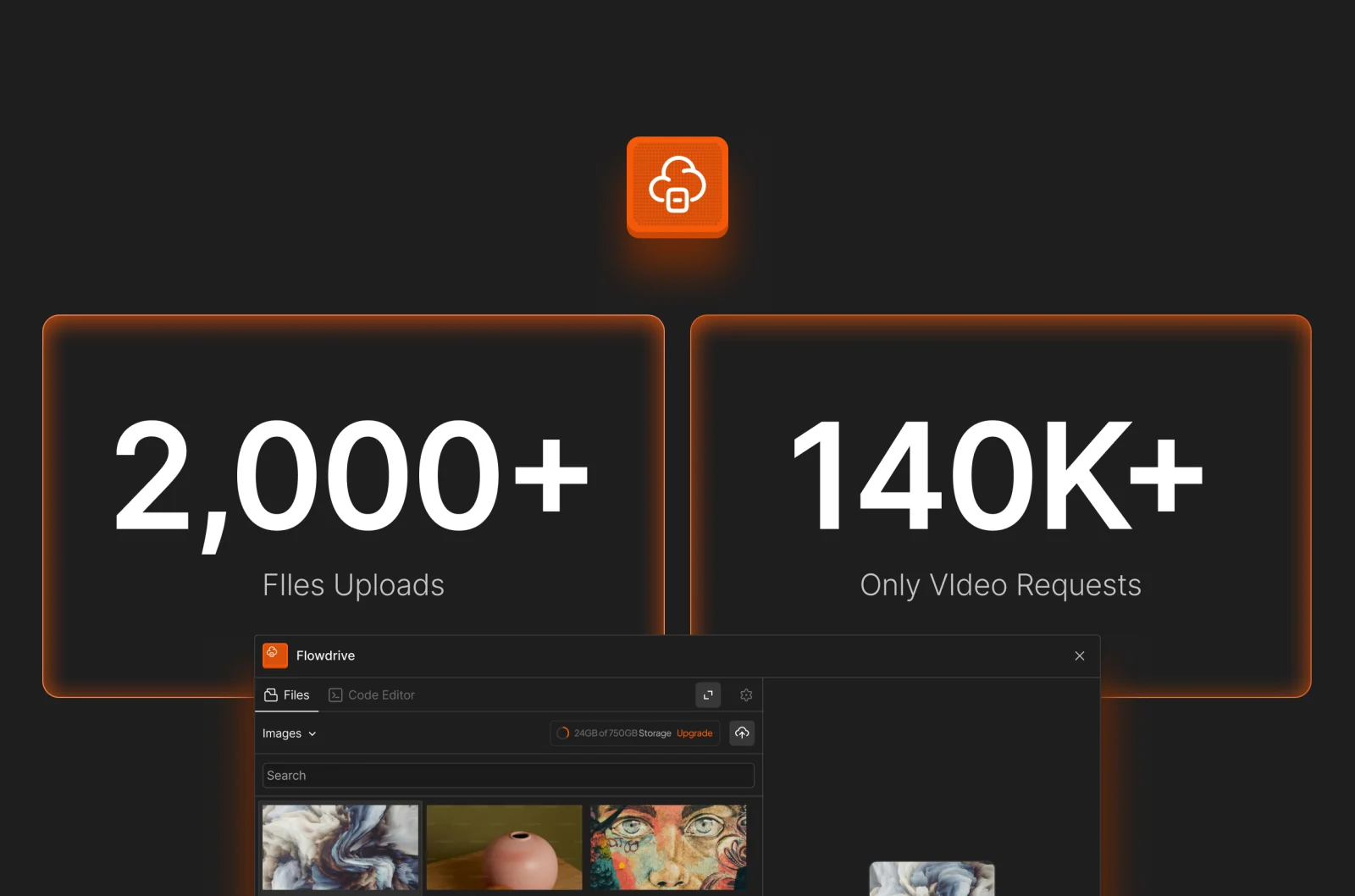 An early Flowdrive milestone graphic reading 2,000+ file uploads and 140K+ video requests