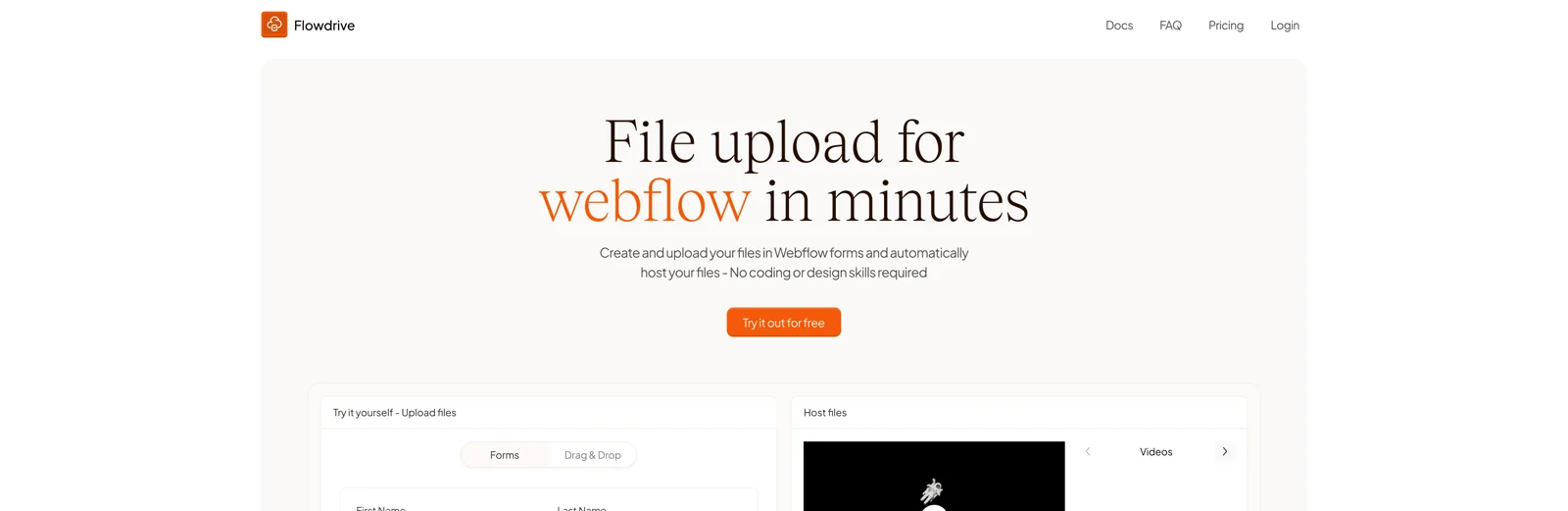 The first Flowdrive marketing site, headlined “File upload for webflow in minutes”, with a live form-upload demo below it