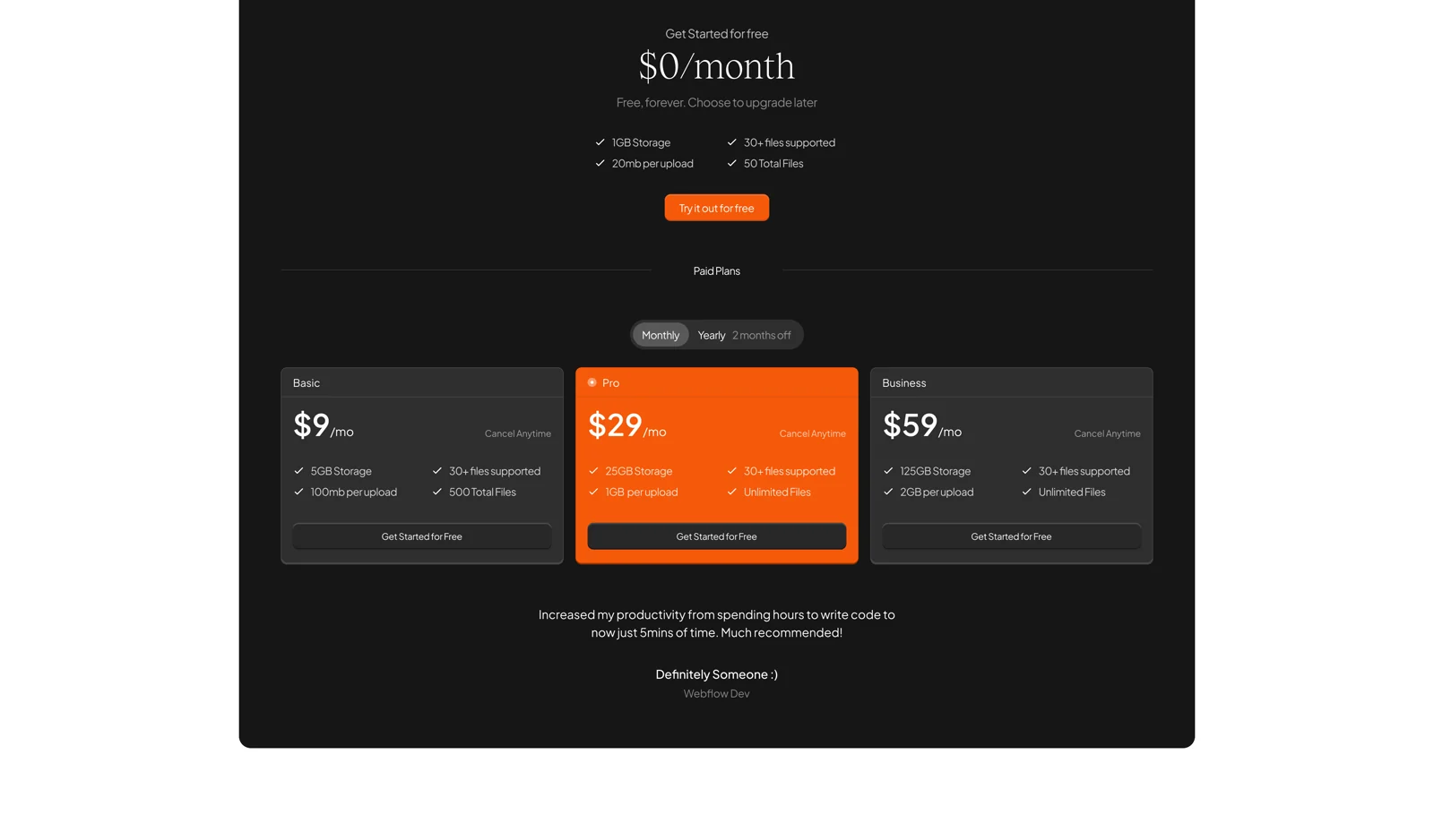 The first Flowdrive pricing section, showing a free tier and Basic, Pro and Business plans at nine, twenty-nine and fifty-nine dollars, with a placeholder testimonial credited to Definitely Someone
