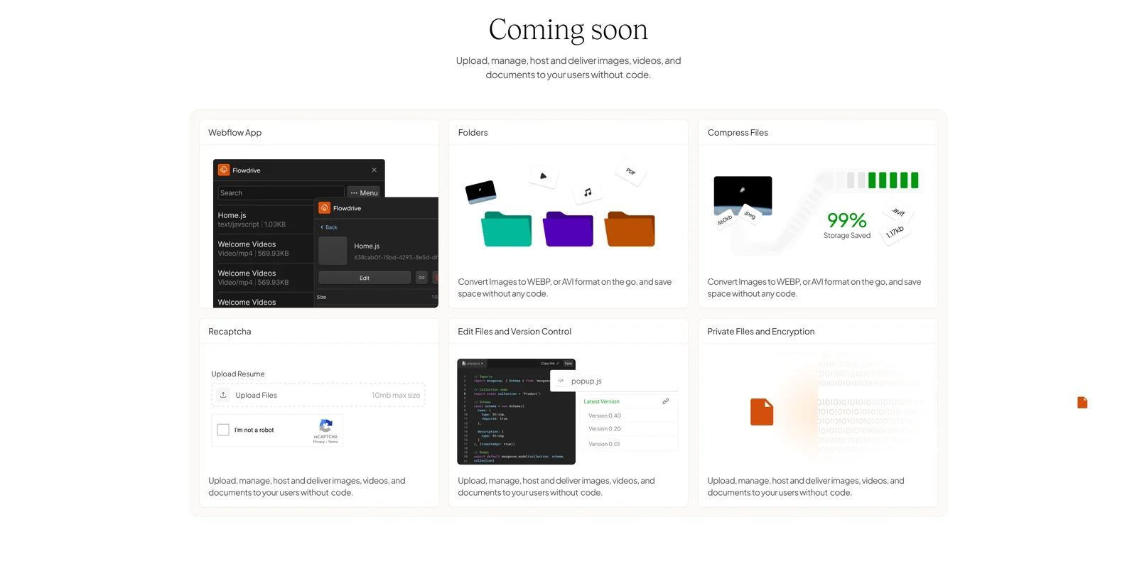 A “Coming soon” section on the first Flowdrive site listing Webflow App, Folders, Compress Files, Recaptcha, Edit Files and Version Control, and Private Files and Encryption