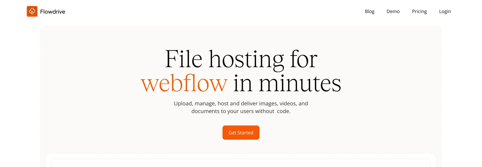 The second Flowdrive marketing site, headlined “File hosting for webflow in minutes”