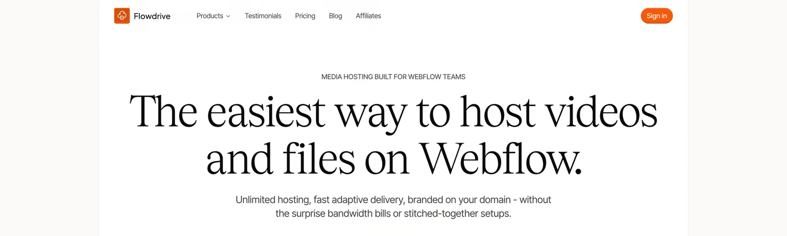 The current Flowdrive site, headlined “The easiest way to host videos and files on Webflow”, above logos for Chili Piper, ElevenLabs, Pattern and DualEntry