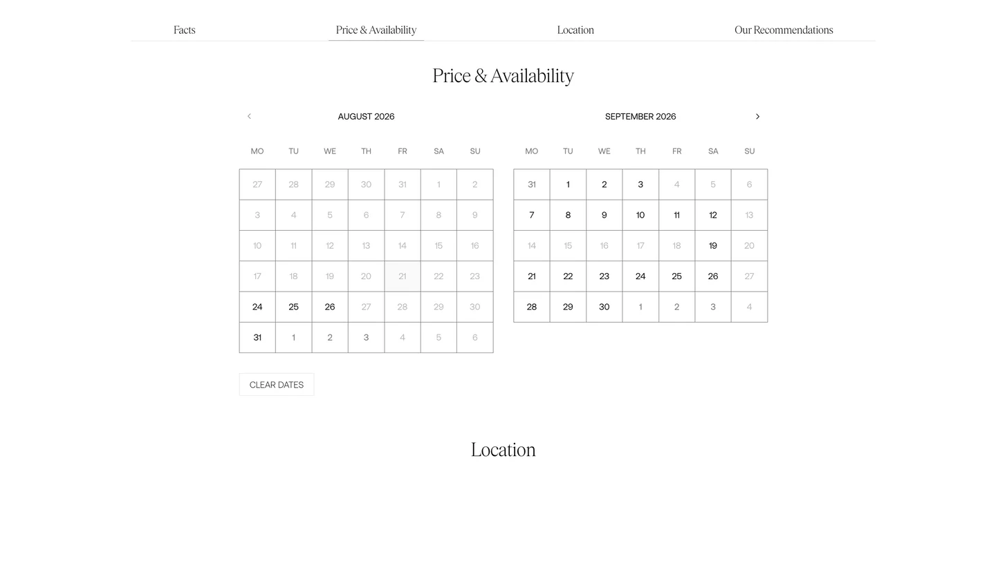 Two-month availability calendar on a listing, with booked dates struck out