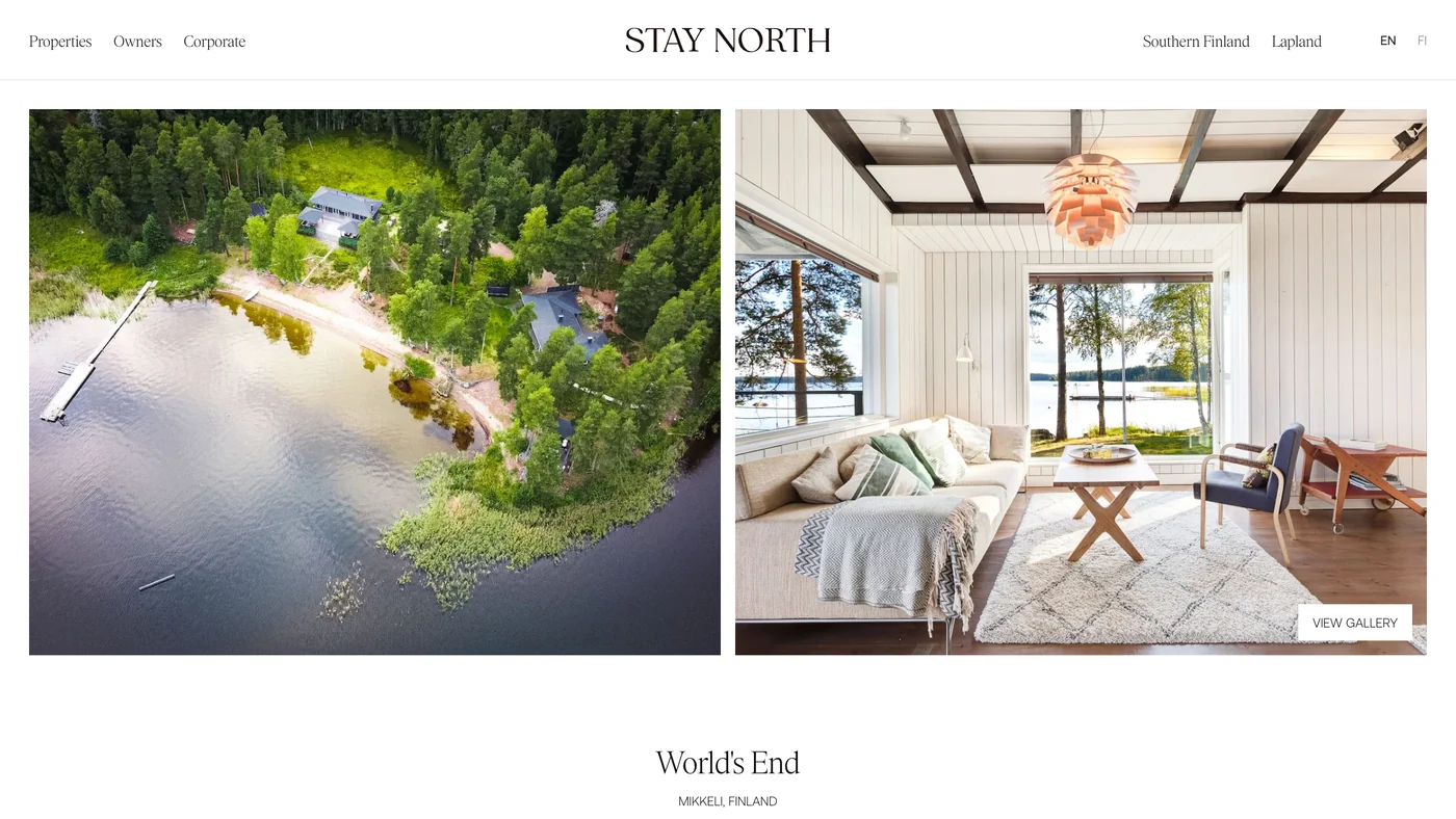 Listing gallery pairing an aerial of the lakeside estate with its interior