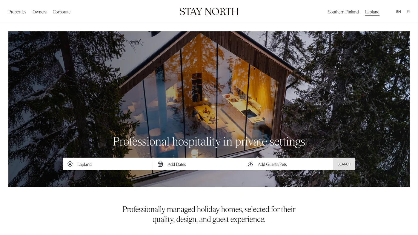 Lapland collection landing page, a lit glass cabin in the forest behind the stay search