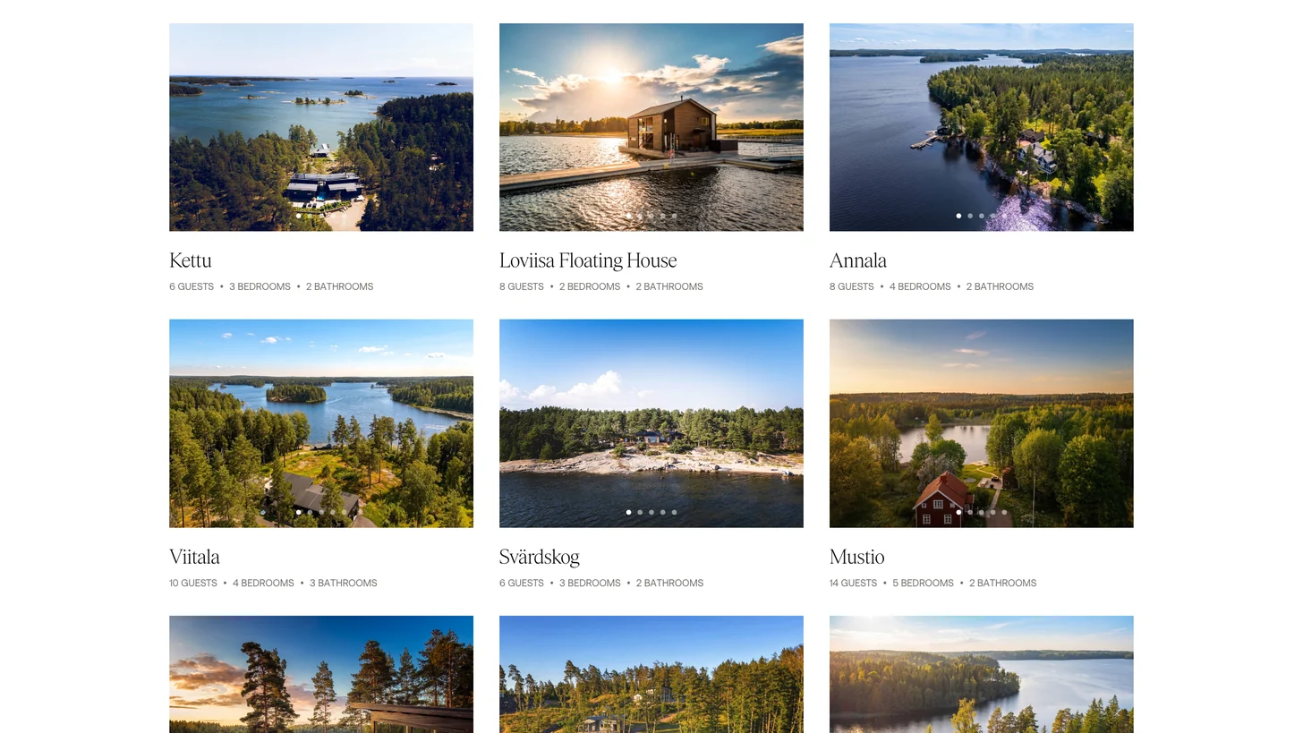 Property search results, each home carded with guest, bedroom and bathroom counts